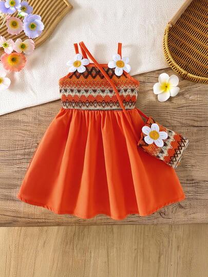 SHEIN Đầm không tay họa tiết hoa màu cam và trắng cho bé gái mùa hè, kèm túi đeo chéo mini cùng màu, dáng rộng, thích hợp cho các buổi đi chơi thường ngày, du lịch nghỉ dưỡng, họp mặt gia đình, dã ngoại mùa hè.