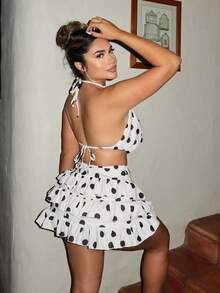 Maria Perezxox Bộ đồ thời trang 2 món dành cho nữ: Áo croptop cổ yếm chấm bi và chân váy midi xòe. - Nhiều màu - Xem 2