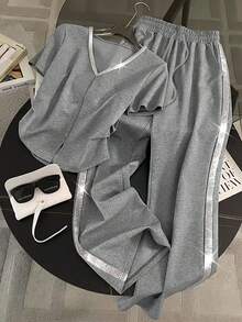 Resyla Regular Fit V-Neck Short Sleeve Top + Straight Leg Pants With Side Pockets - Light Grey - View 1