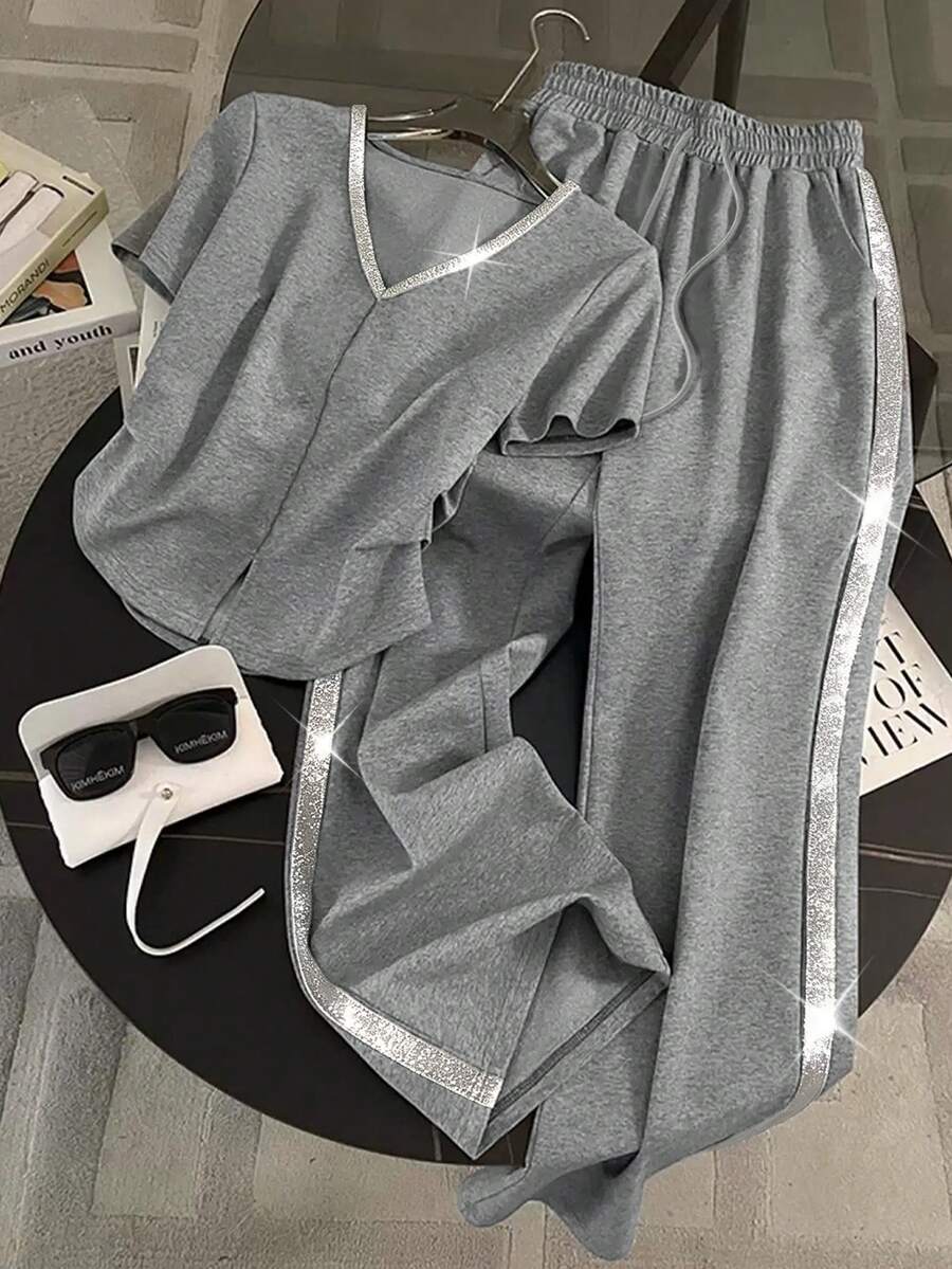 Resyla Regular Fit V-Neck Short Sleeve Top + Straight Leg Pants With Side Pockets - Light Grey - View 1