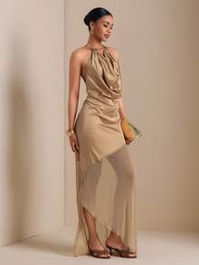 Vesra Women's Solid Color Plunging Neck Mesh Hem Dress - Khaki - View 5