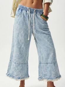 Bohemela Quần jeans nữ màu trơn, cạp chun, túi xéo, phối ren. - Rửa trung bình - Xem 4