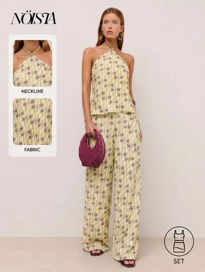 Nöista Floral Print Halter Neck Top And Pants Set, Women Summer/Spring Outfit For Wedding Guest, Easter, Festival, Graduation, Bridesmaid, Prom, Birthday, Elegant Formal