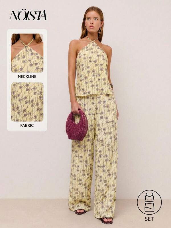 Nöista Floral Print Halter Neck Top And Pants Set, Women Summer/Spring Outfit For Wedding Guest, Easter, Festival, Graduation, Bridesmaid, Prom, Birthday, Elegant Formal