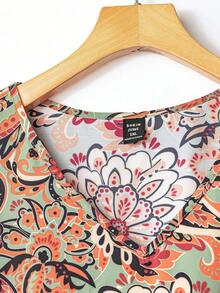 Linhara Bộ đồ 2 mảnh dành cho nữ cỡ lớn, họa tiết hoa Paisley nhiều màu sắc, cổ chữ V, tay bồng và quần ống rộng màu trơn có dây rút. - màu xanh lá - Xem 4