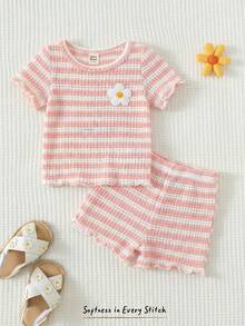 Cozy Pixies Baby Girl Floral Print Round Neck Short Sleeve Top And Elastic Waist Shorts 2 Piece Set - Multicolor - View 7