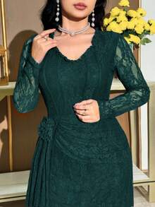 Modelyn Vestido elegante de encaje con volantes y decoración floral para mujer de talla grande - Verde Oscuro - Ver 4