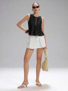 LYSMO Áo tank top không tay bằng vải lanh xếp ly eo dành cho nữ, kiểu dáng tối giản, phong cách nghỉ dưỡng, màu đen, bộ sưu tập Xuân/Hè 2026. - màu đen - Xem 5