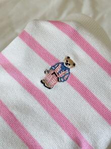SHEIN CovetEZ Women's Cartoon Bear Embroidered Striped Knit Shorts - Pink - View 6
