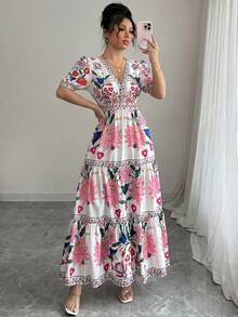 SHEIN Elenzya Đầm tay cánh hoa in họa tiết hoa dành cho nữ, kiểu dáng thanh lịch cho kỳ nghỉ. - Nhiều màu - Xem 3