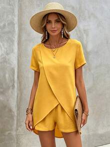 EMERY ROSE Women's Vacation Casual Solid Color Wrap Top And Shorts 2 Pieces Set - Yellow - View 5