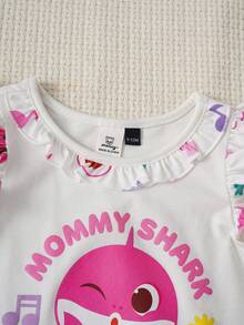 BABY SHARK X SHEIN Set Kaos dan Celana Pendek Lengan Bergelombang Motif Kartun untuk Bayi Perempuan - Putih - View 3