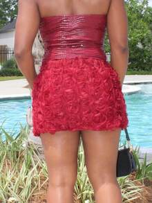 Steph T 2025 新款女装情人节时尚性感立体碎花迷你裙 - 玫瑰紅 - 查看 2