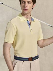Courvante 男士字母刺繡領口 Polo 衫，條紋短袖黃色，適合工作、高爾夫、網球，極簡商務通勤與男友風 - 黃色 - 查看 9