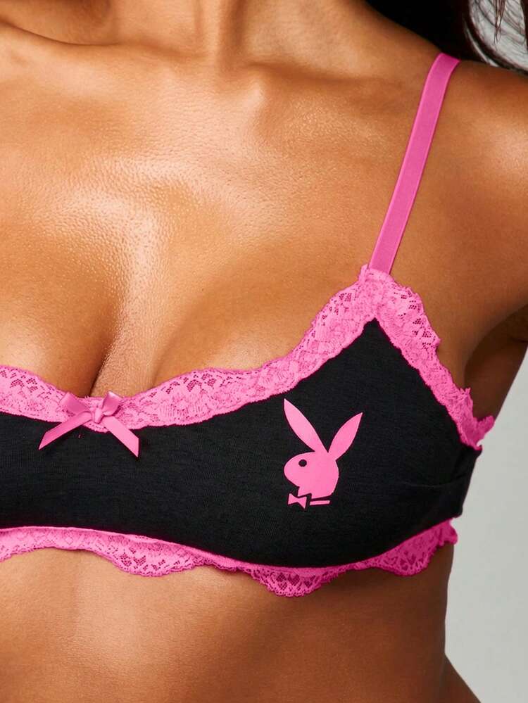 Missguided x Playboy Sexy Lace Trim Bralette Pink Accents Bunny Logo Intimate Lingerie For Women