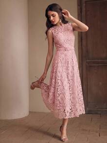 Anewsta Trang phục dự tiệc và nghỉ dưỡng thanh lịch, mẫu đầm ren màu hồng nhạt cao cấp kiểu Pháp mới về, không tay, ôm eo, thích hợp đi biển. - Hồng - Xem 1