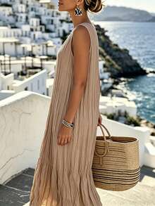 EMERY ROSE Pleated Round Neck Sleeveless Long Dress - Khaki - View 3