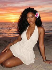 Zestiva Women's Spring/Summer Beachwear Jacquard Mesh Sleeveless Halter Waist Ruffle Hem Vacation Dress & Cover-Up Women's Summer Outfits - Apricot - View 5