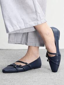 CUCCOO BIZCHIC 女鞋 女士方头平底深蓝色多条纹低帮玛丽珍鞋，时尚舒适，日常百搭通勤鞋 - 阿凡達藍6 - 查看 8