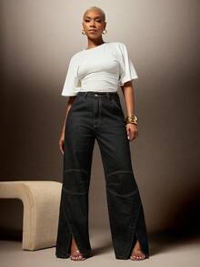 Vixey Jeans de pierna ancha de uso diario versátil y casual con bolsillos y botones para mujer - Azul lavado oscuro - Ver 2