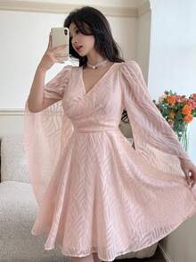 Feyla Women's Textured Overlap V-Neck Split Sleeve Elegant Short Dress - Pink - View 1