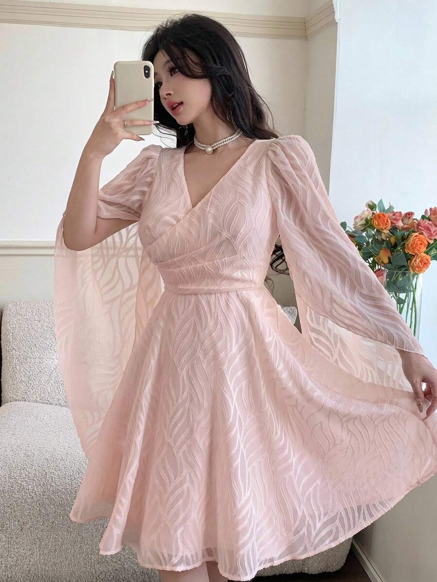 Feyla Women's Textured Overlap V-Neck Split Sleeve Elegant Short Dress - Pink - View 1
