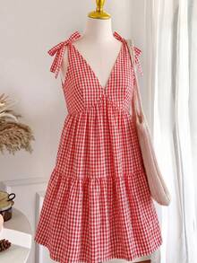 SHEIN EZwear 女士休闲度假V领红白格子系腰带加大码连衣裙 - 紅白色 - 查看 1