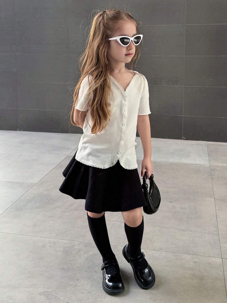 Camiseta interior ajustada con cuello en V y parches de encaje para niñas (Talla Pequeña) - Blanco - Ver 1