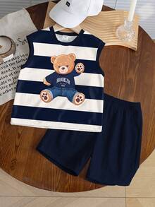 6pcs/Set Toddler Boys' Bear Print Vest And Shorts,White Summer Back-To-School Casual Outfit,Navy & Beige,Red & Blue Striped,Navy Striped Streetwear - Multicolor - View 2