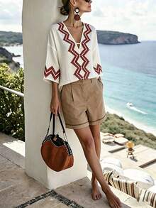 SHEIN Holidaya Women's Casual Vacation Style Printed V-Neck Three-Quarter Sleeve Loose Casual Shirt, Summer Top, Summer Outfit, Beach, Women's Beach Outfit, Women's Casual Top, Women's Holiday Outfit, Women's Vacation Outfit, Holiday, Women's Beach Vacation Outfit, Women's Country Style Outfit, Geometric Pattern Top, White Top, Women's Elegant Top, Striped Loose Vacation Summer Shirt V-Neck Raglan Sleeve Style, Suitable For Summer Holiday Outfits, Vacation Shirt, Home, Women's Elegant Dress, Outing Outfit, Outing, Women's Beach Outfit, Vacation Shirt, Women's Spring Outfit, Easter Shirt, Summer Shirt, Apricot Shirt, Loose Casual Shirt, Etc. Women's Summer Clothing.Festival,Formal,Business,Graduation Season Attire, Fashionable Casual Commuter Wear, Business Office Wear, Versatile And Stylish Everyday Casual Wear, Urban Teacher's Professional Attire - Apricot - View 6