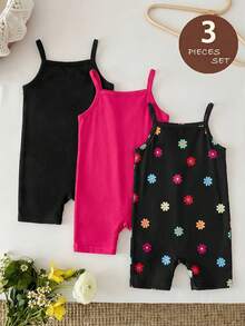 SHEIN 3pcs/Set Fuchsia, Black & Floral Print Romper Jumpsuit, Infant/Toddler Girls - Multicolor - View 3
