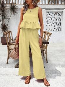 SHEIN Holidaya Women's Vacation Solid Color Ruffle Hem Tank Top And Wide Leg Pants Casual 2 Pieces Set 2 Piece Set Womens Outfit Holiday Outfit Pleated Outfit - Yellow - View 4