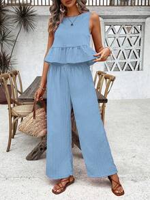 Breezaya Women's Solid Color Pleated Top And Wide Leg Pants Casual 2 Pieces Set - Blue - View 3