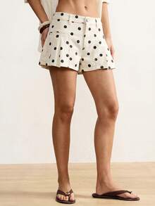 Bohemela Women's Polka Dot Print Pocket Button Denim Shorts - Black and White - View 4