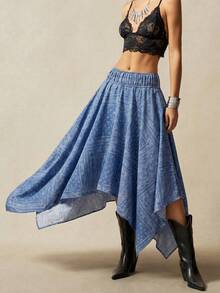 Bohemela Chân váy denim nữ kiểu retro thường ngày, in họa tiết toàn thân, vạt bất đối xứng, cạp chun. - Rửa nhẹ - Xem 4