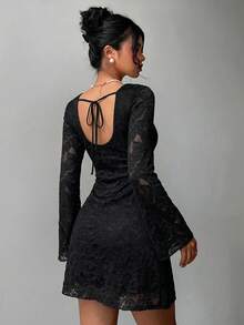 Aloruh Lukea Lace Long Sleeve Mini Dress Cream - Black - View 7
