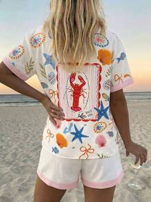 Vaclyn Women's Letter & Lobster Print Button-Up Top And Shorts Casual Outfit - White - View 2