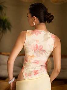 Andrea Bello 女式花卉印花无袖紧身衣，夏季 - 杏色 - 查看 2