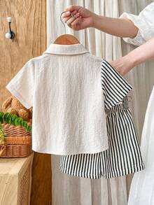 Baby Boy Decorated Patch Pocket Lapel Short Sleeve Cardigan And Shorts Set - Multicolor - View 2