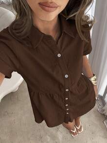 Vestido corto de un solo pecho de unicolor cómodo y casual para mujer - Marrón - Ver 5