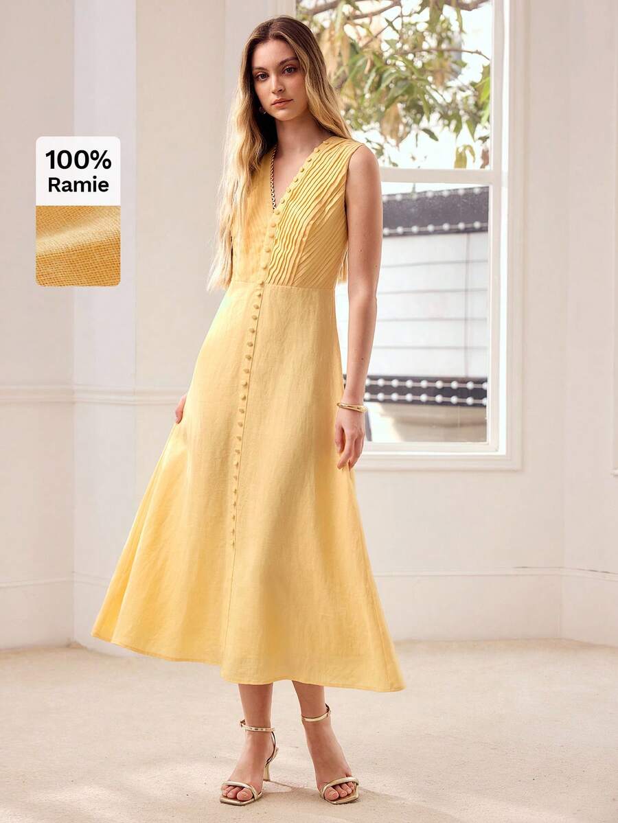 MOTF PREMIUM WOMEN'S 100% LINEN V-NECK SLEEVELESS MID-LENGTH DRESS, SUITABLE FOR DATES AND VACATIONS - Yellow - View 1