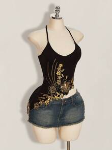 SHEIN ICON Áo quây hở lưng, thêu hoa đính sequin, kiểu dáng thường ngày dành cho nữ, thích hợp mặc mùa hè. - màu đen - Xem 8