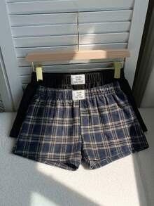 Comfortcana 2 piezas Conjunto de shorts casuales de mujer con parche bordado de letra y pantalones cortos de cintura baja de unicolor ultra cortos, adecuados para vacaciones, verano, graduación, regreso a la escuela, festival de música. 2 piezas Shorts a cuadros de mujer. Shorts tipo bóxer a cuadros de mujer. 3 piezas Boxers cortos casuales a cuadros de mujer - Multicolor - Ver 5