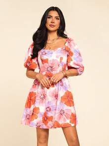 Vestido de verano con estampado floral, cuello de corazón y mangas abullonadas - Naranja - Ver 6