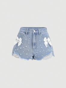 SHEIN Sweetro Quần short denim màu xanh nhạt dáng casual ngọt ngào dành cho nữ, điểm nhấn là nơ trắng. - Rửa nhẹ - Xem 1