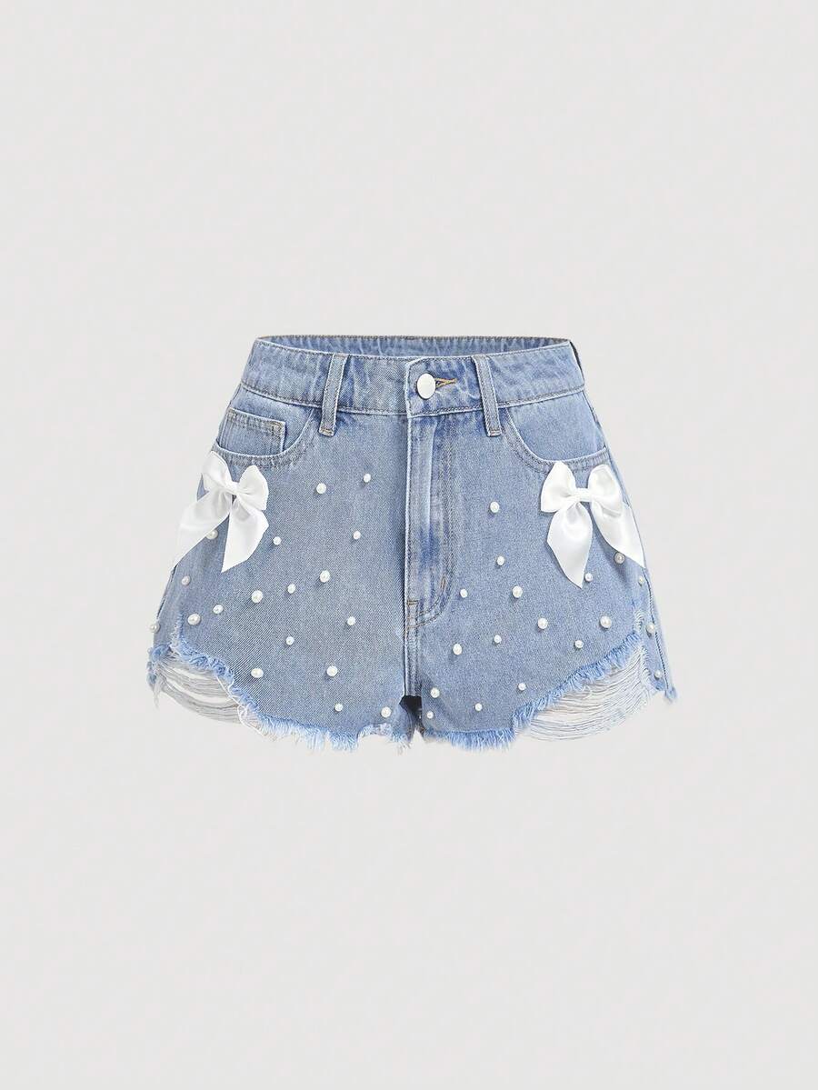SHEIN Sweetro Quần short denim màu xanh nhạt dáng casual ngọt ngào dành cho nữ, điểm nhấn là nơ trắng. - Rửa nhẹ - Xem 1