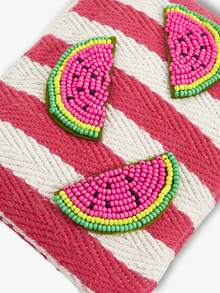 Viva Strut 1pc Fashionable, Simple, Personalized And Fun, Spring And Summer Vacation Wind, Rose Red Striped Handmade Fruit, Watermelon Beads, Fringed Keychain, Change Bag, Spring And Summer Vacation Beach Seaside, Best Gift Giving - Rose red and white - View 5