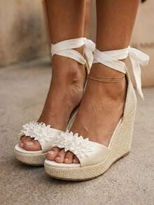 Women's Platform Sandals, Jute Wedge, Espadrille Wedge, High Espadrilles, Tie Straps, Wedge Heel, Comfortable, Casual, Boho, Summer, Women's Fashion - 白色 - 查看 2