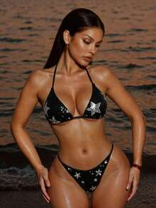 SHEIN Swim Contrast Color Star Sequin Halter Bikini Top, Sexy Micro Triangle For Summer Beach Vacation - Black and White - View 1