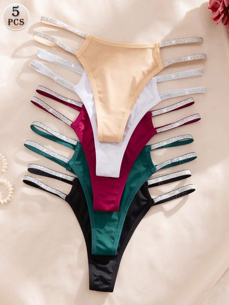 Set de 5 tangas de mujer de lujo con cinta plateada, cómodos y sexys, multicolor - Multicolor - Ver 1